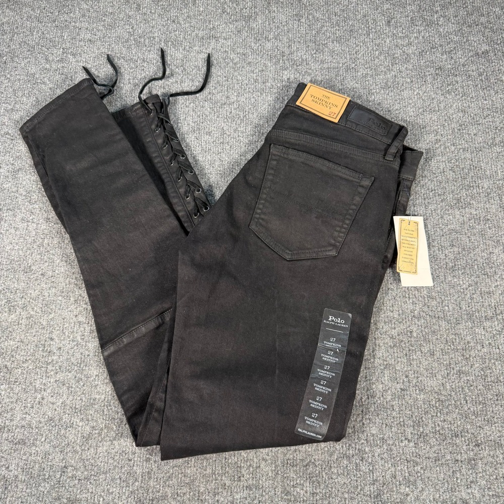 Polo Ralph Lauren Tompkins Skinny Jeans Black Lace Up Hem Size 27 NEW #4695